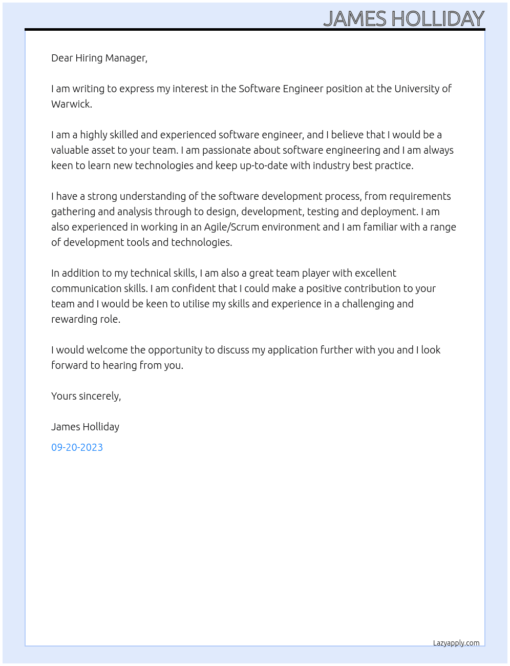 Software Engineer At University of Warwick Cover Letter