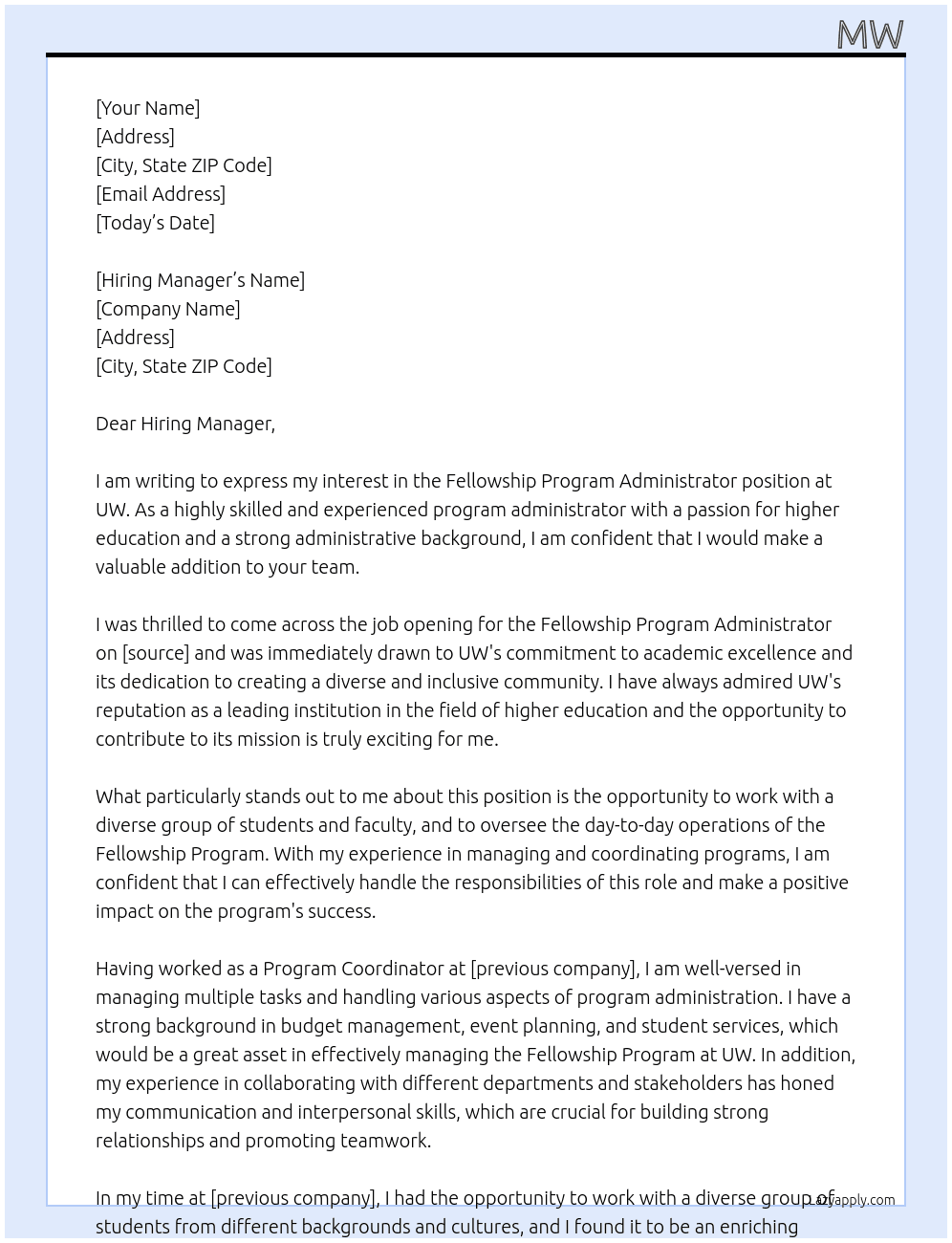 Fellowship Program Administrator  At UW Cover Letter