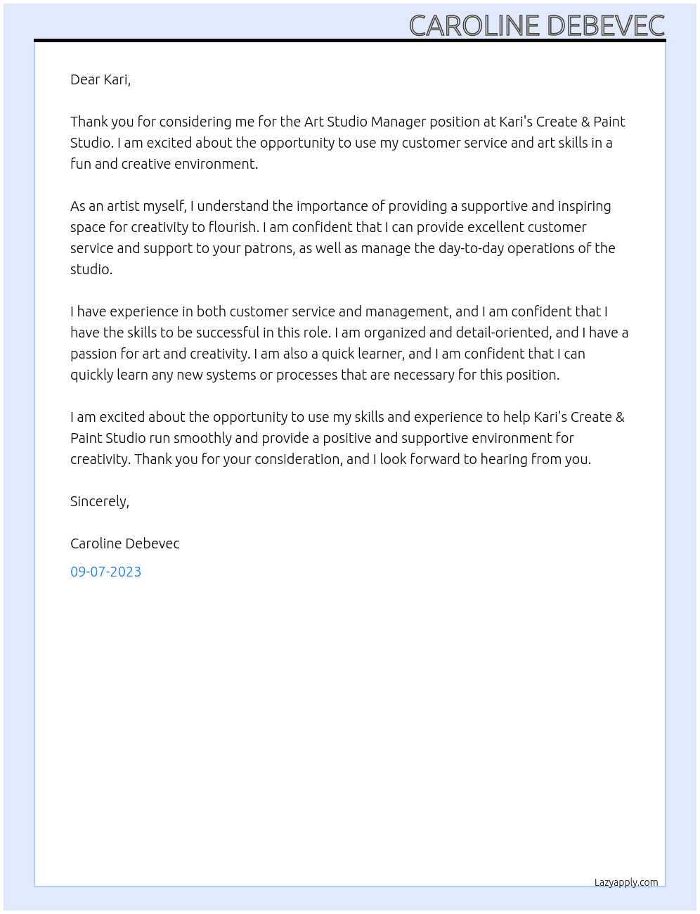 Art Studio Manager At Kari's Create & Paint Studio   Cover Letter