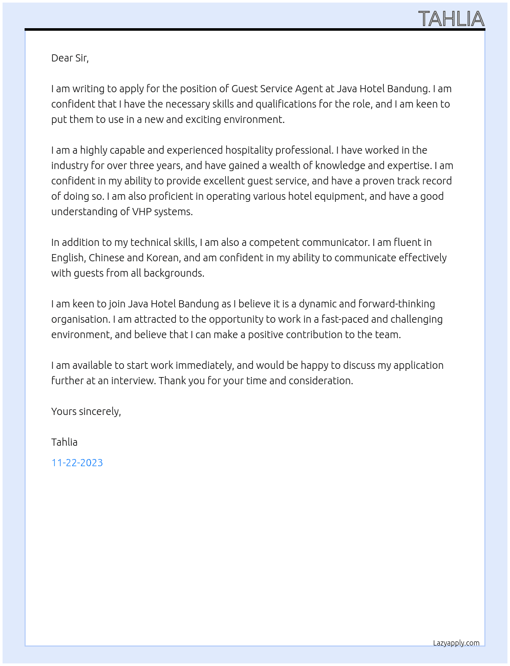 Guest Service Agent At Java Hotel Bandung Cover Letter