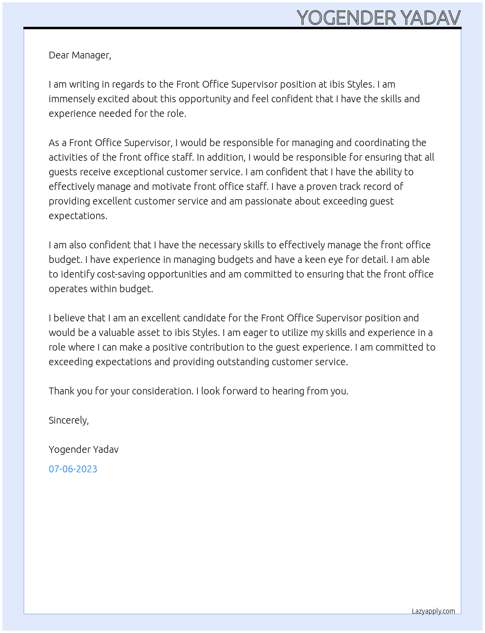 Front Office Supervisor At ibis Styles Cover Letter