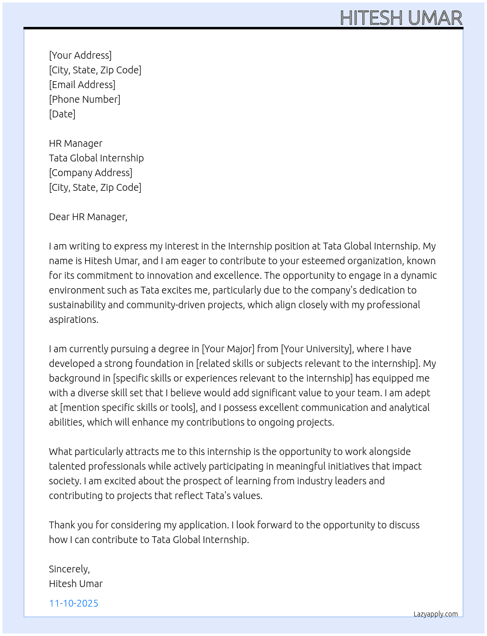 Internship At Tata Global Internship Cover Letter