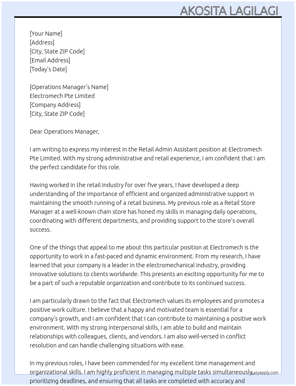 Retail Admin Assistant  At Electromech Pte Liimited  Cover Letter