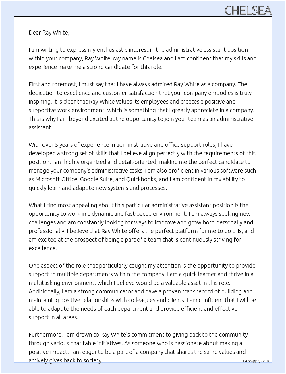 administrative assistants (administration and office support) At ray white Cover Letter