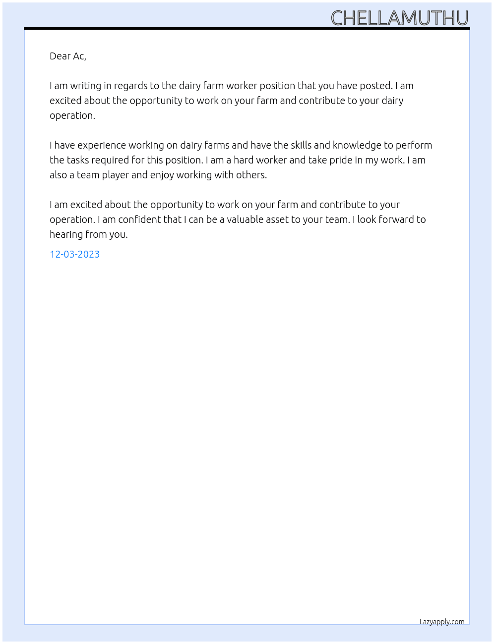 dairy farm worker At Ac Cover Letter