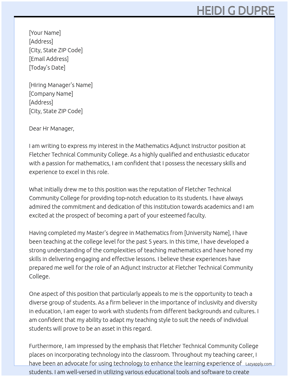 Mathematics Adjunct Instructor At Fletcher Technical Community College Cover Letter