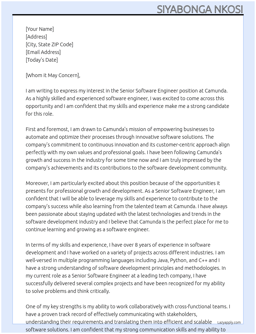 Senior Software Engineer At Camunda Cover Letter