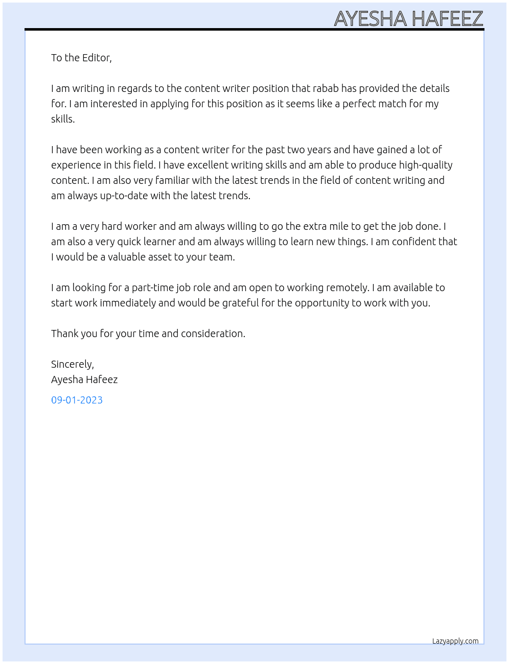 Content writer At Setalks Cover Letter