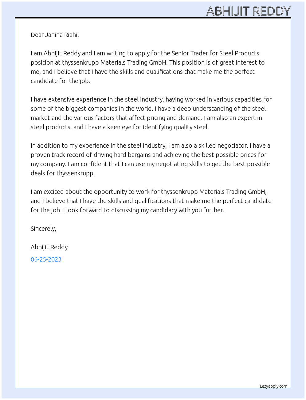 Senior Trader for Steel Products At thyssenkrupp Materials Trading GmbH Cover Letter