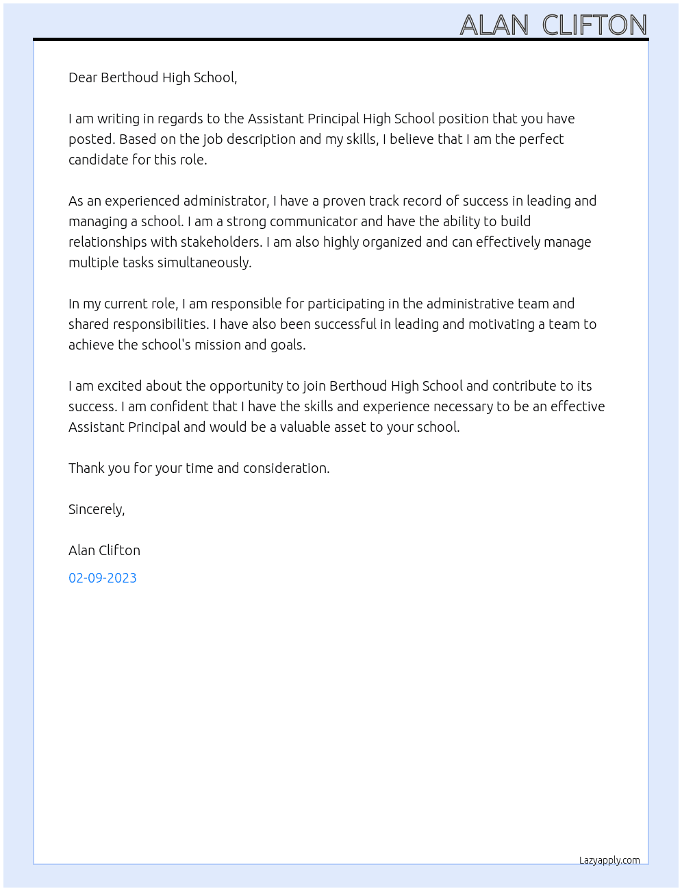 Assitant Principal High School At Berthoud High School Cover Letter