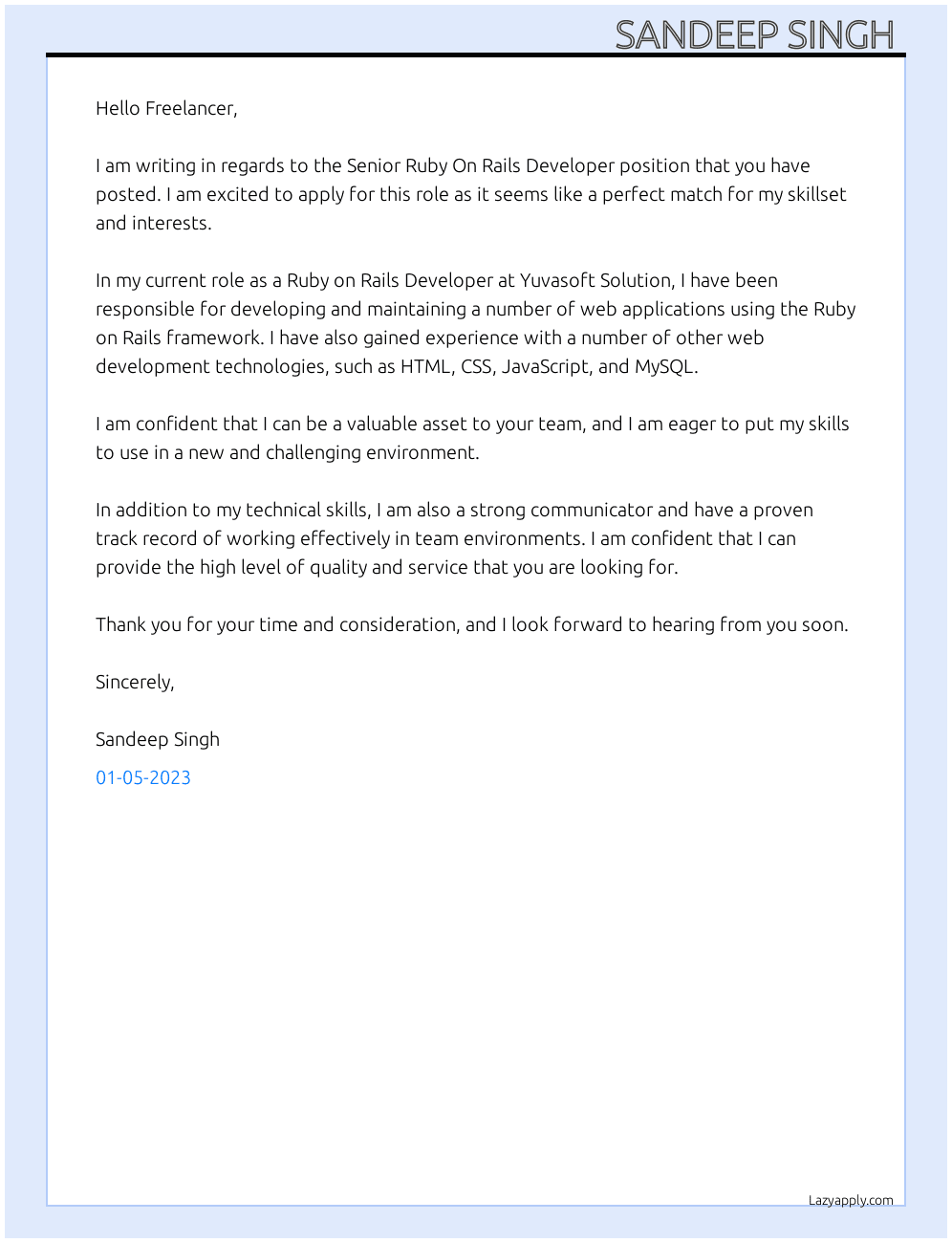 Senior Ruby On Rails Developer At Yuvasoft Solution  Cover Letter