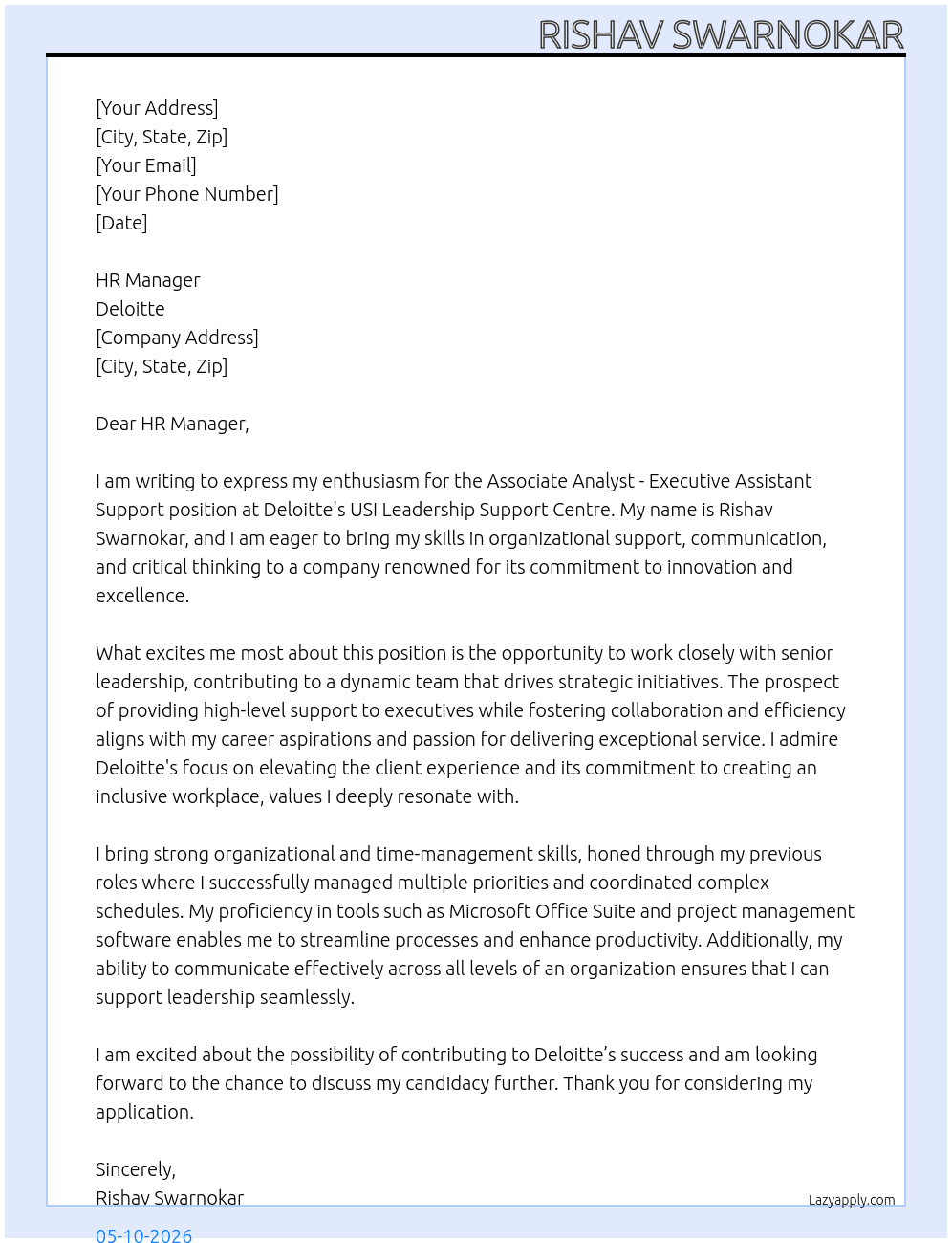 Cover letter for associate analyst - executive assistant support - usi leadership support centre position - LazyApply