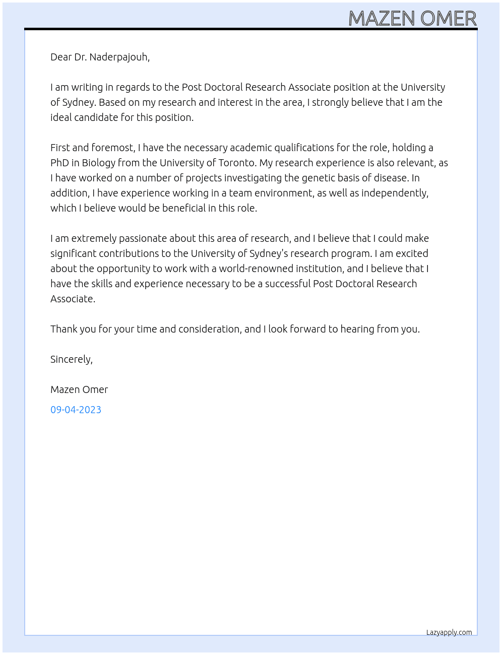 Post Doctoral Research Associate At University of Sydney Cover Letter