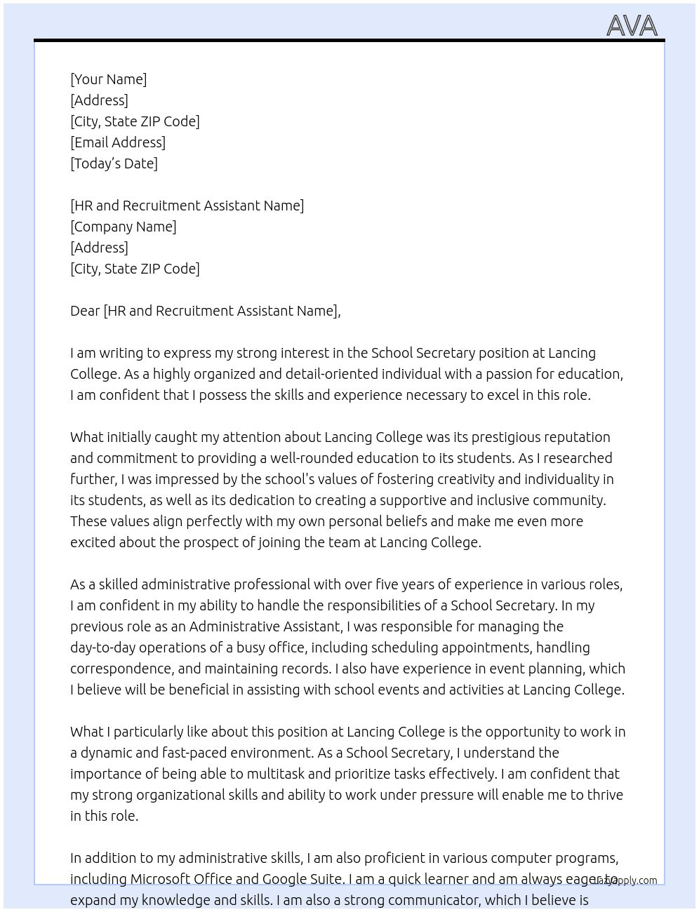 School Secretary  At Lancing College Cover Letter