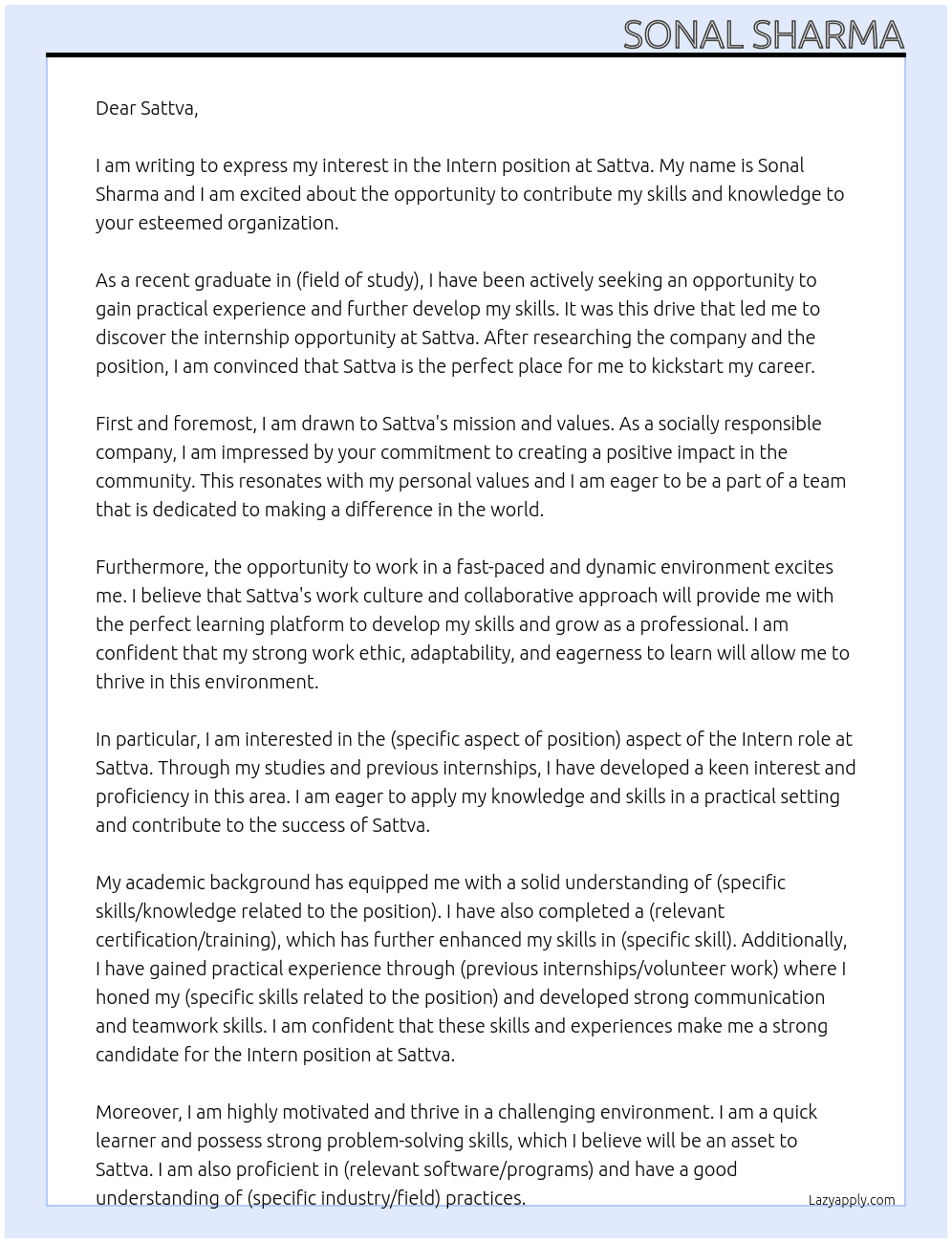 intern At sattva Cover Letter