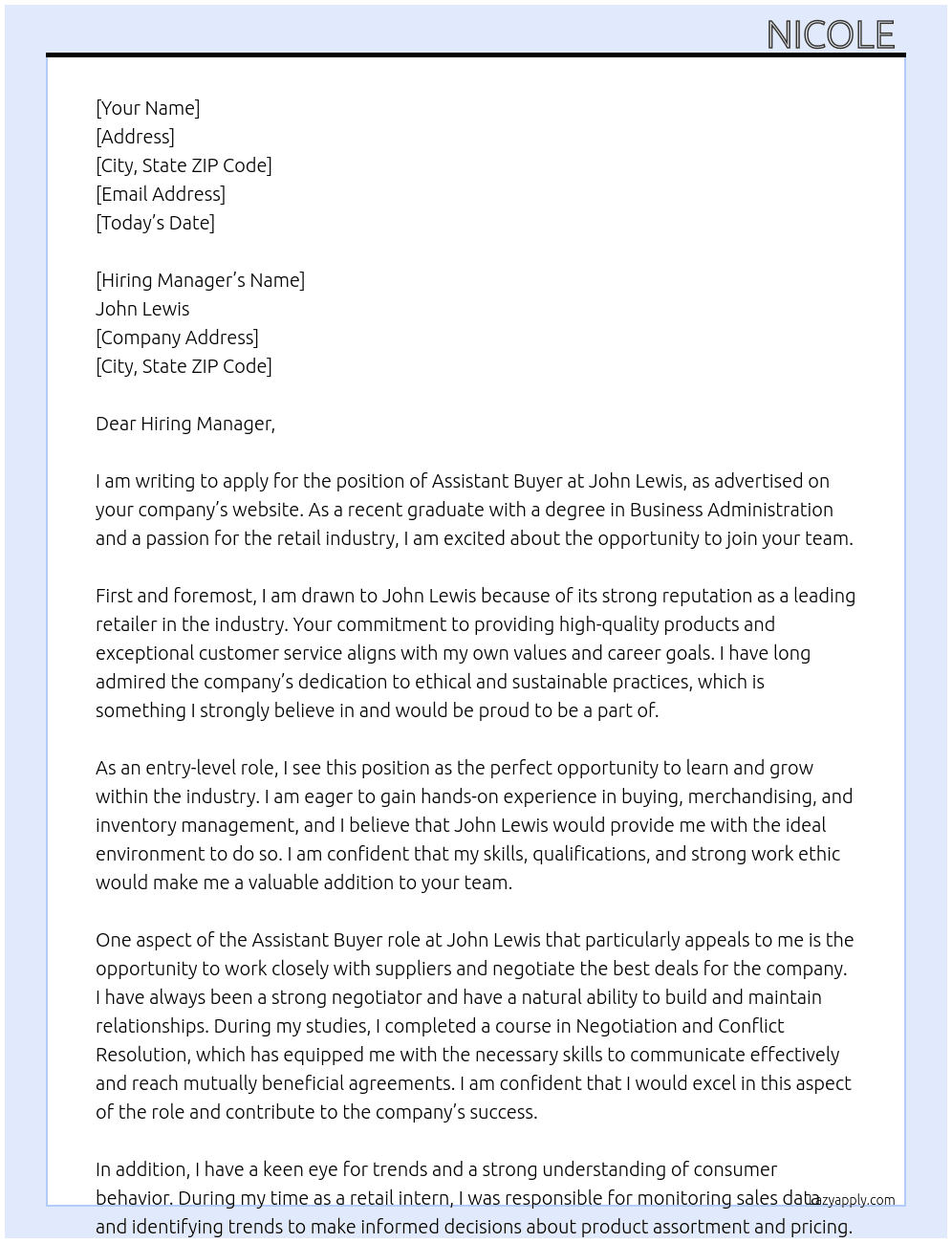 Assistant Buyer  At John Lewis  Cover Letter