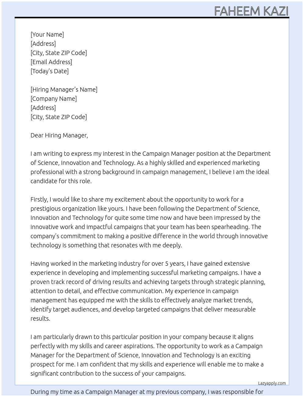 Campaign Manager At Department of Science, Innovation and Technology Cover Letter