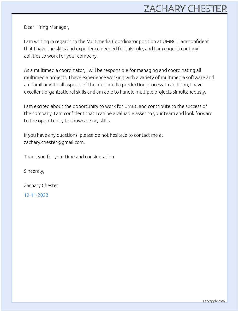 Mulitimedia Coordinator At UMBC Cover Letter