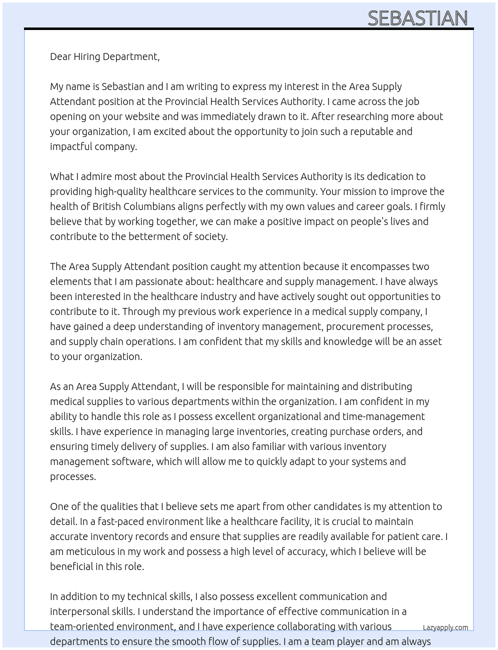 Area Supply Attendant  At Provincial Health Services Authority  Cover Letter