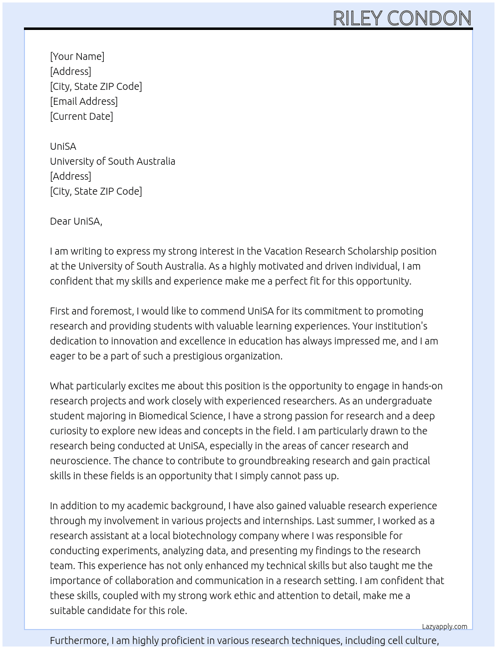 Vacation Research Scholarship At University of South Australia  Cover Letter