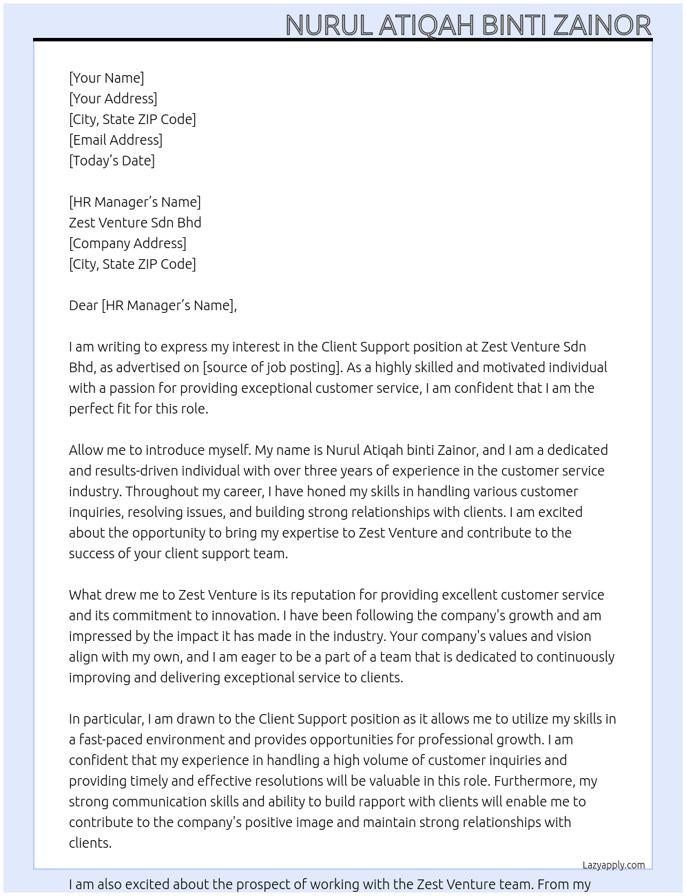 client support At Zest Venture Sdn Bhd Cover Letter
