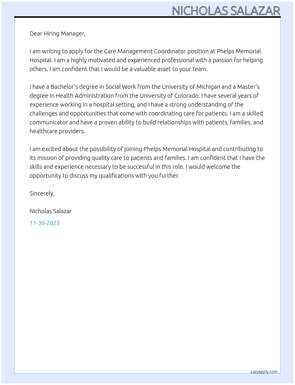  Careers Well Cared For	 Care Management Coordinator At Phelps Memorial Hospital Cover Letter