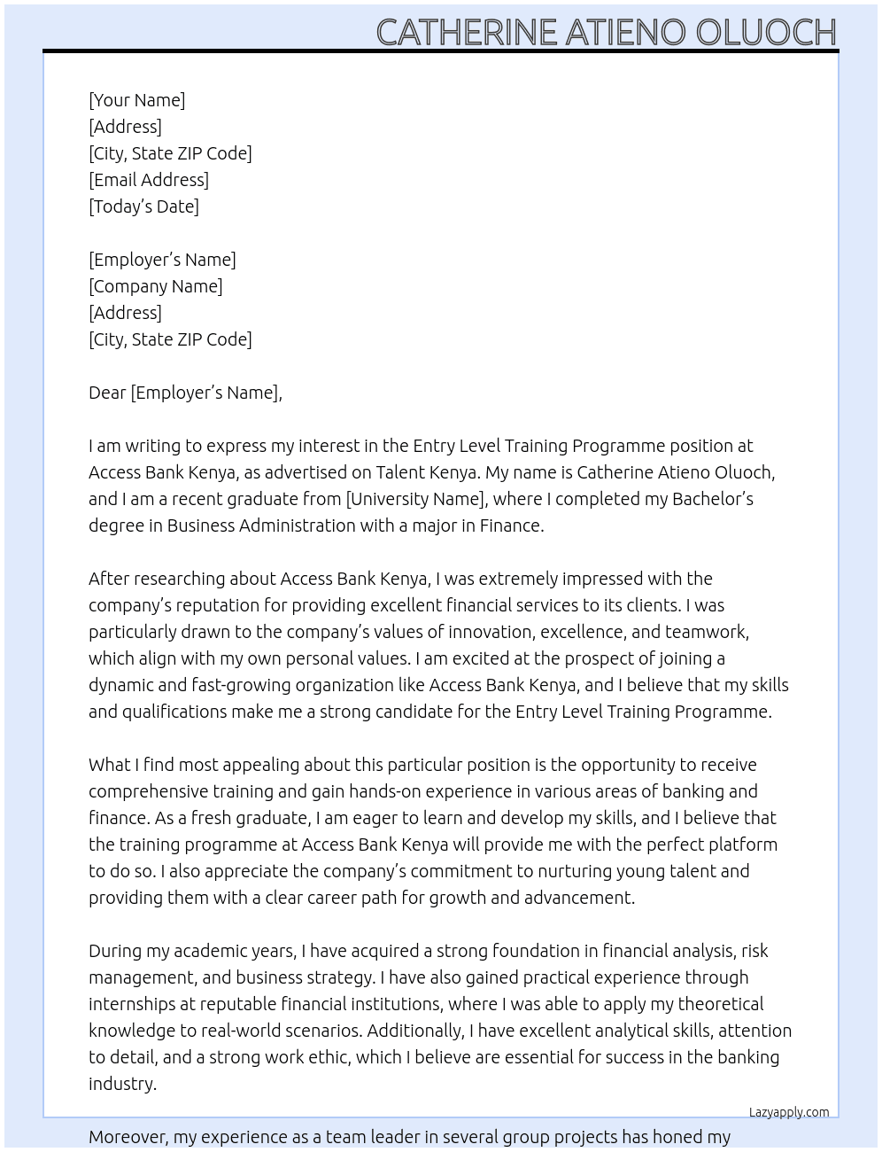 Entry Level Training Programme At Access Bank Kenya Cover Letter