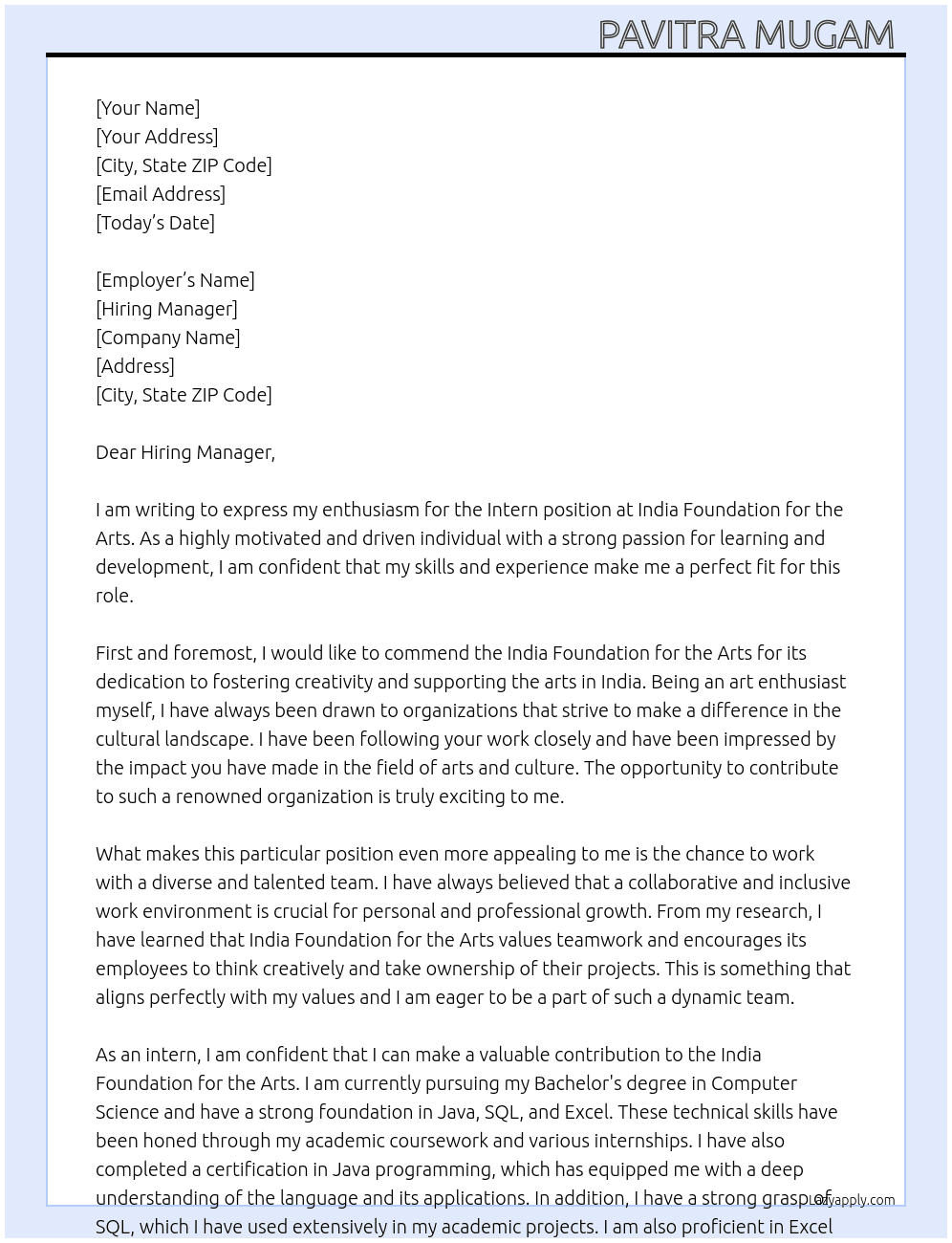 Intern At India foundation for the arts  Cover Letter