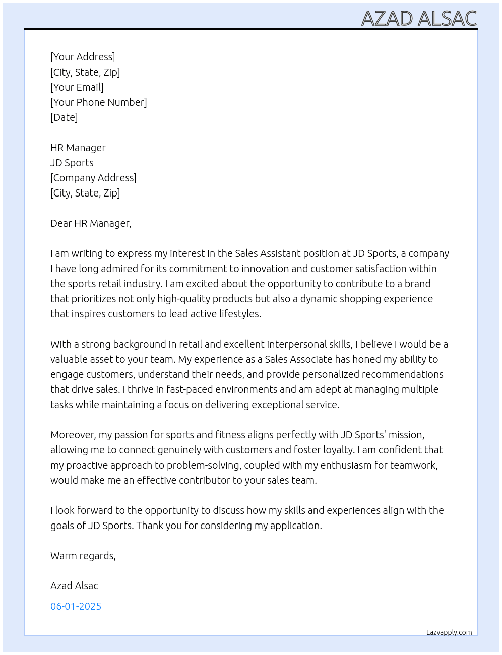 Sales Asssitant At JD Sports Cover Letter