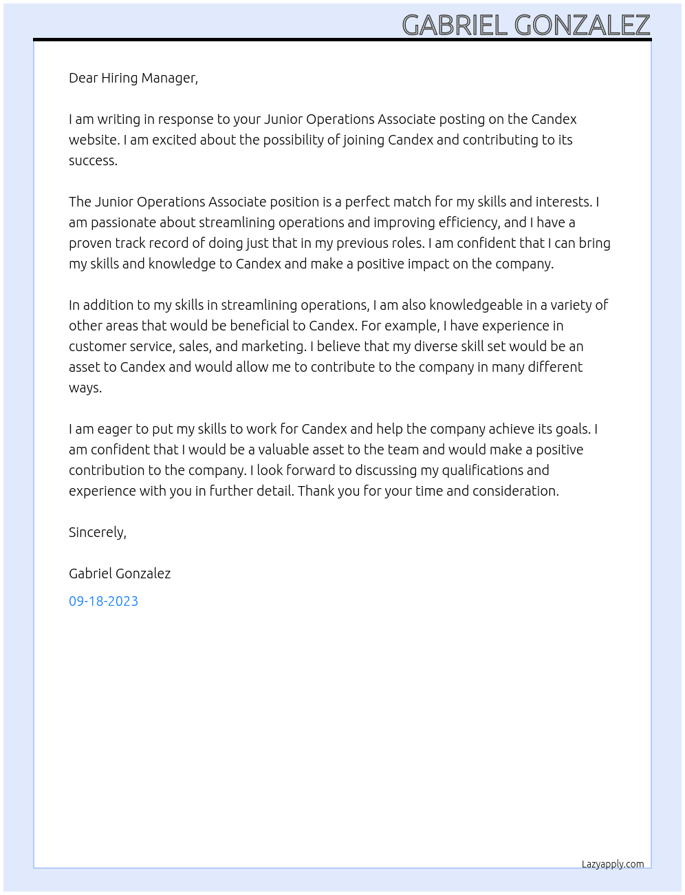 Junior Operations Associate At Candex Cover Letter