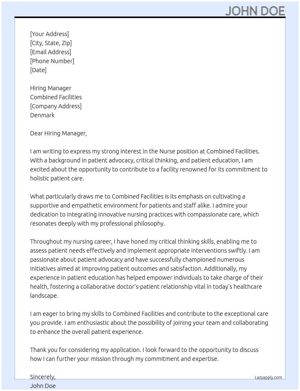 nurse At combined facilities in Denmark Cover Letter