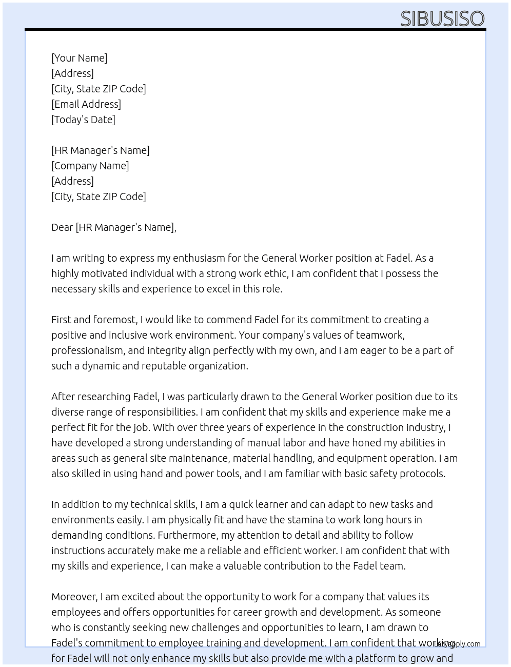 General worker  At Fadel Cover Letter