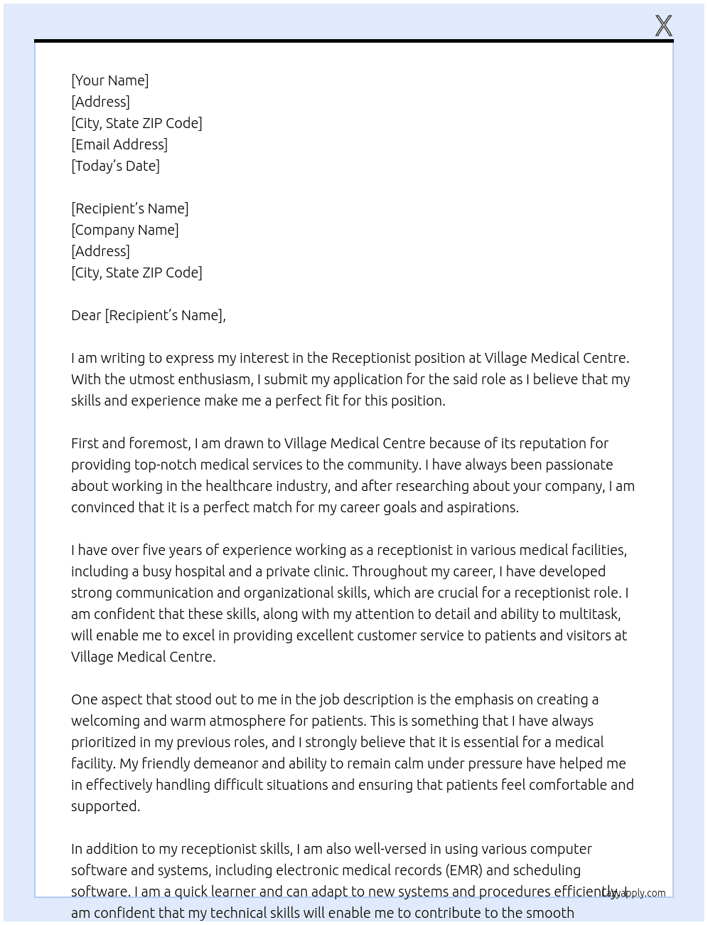 Receptionist At Village Medical Centre Cover Letter