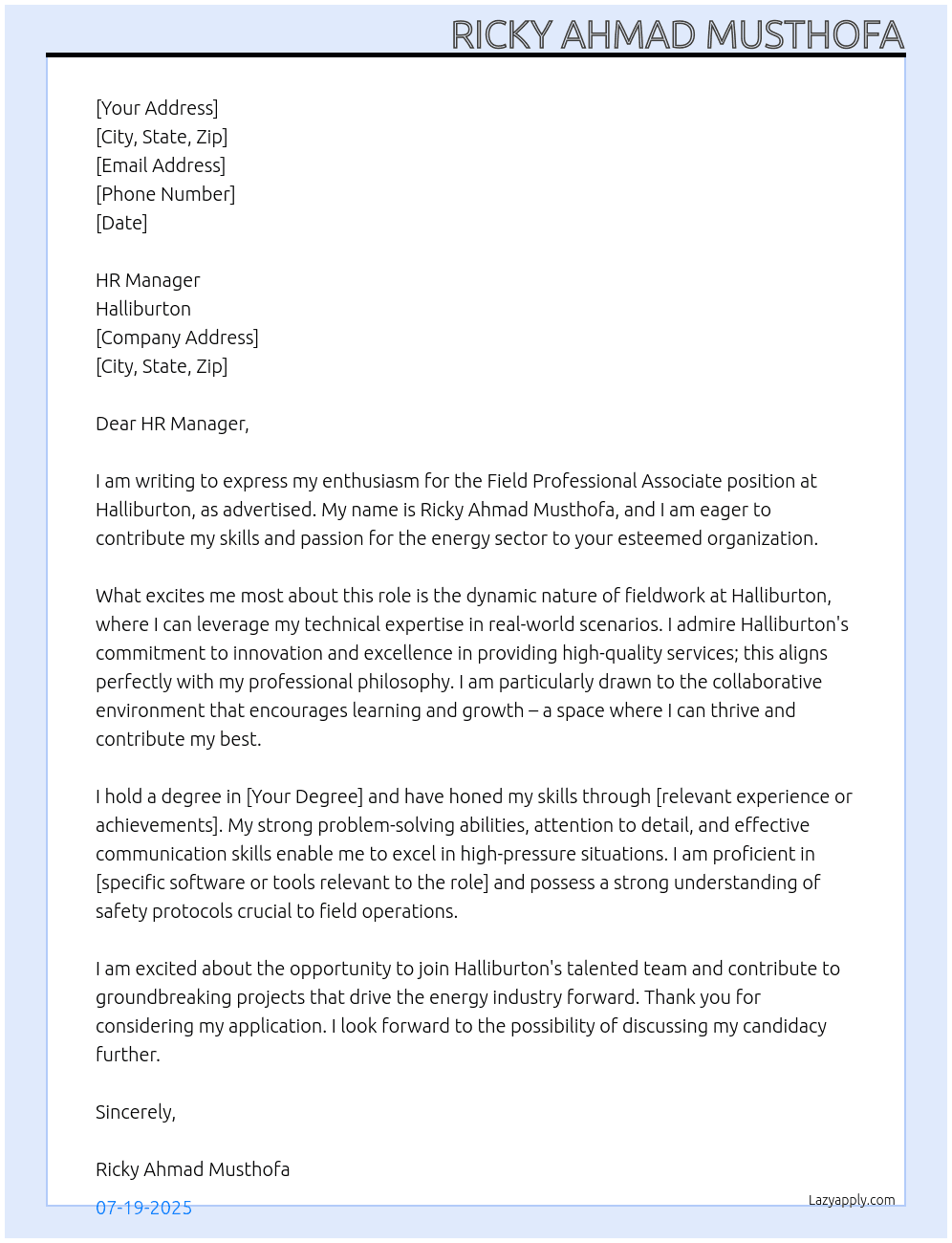 Cover letter for field professional associate - LazyApply