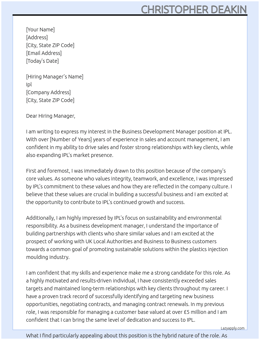 Business development manager At Ipl Cover Letter