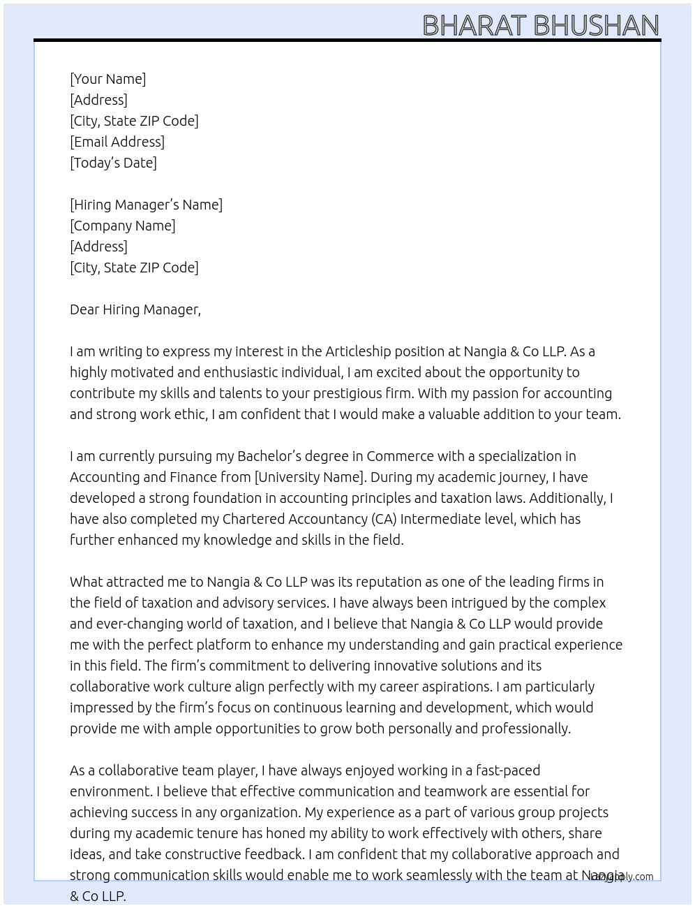 Articleship  At Nangia & Co LLP  Cover Letter
