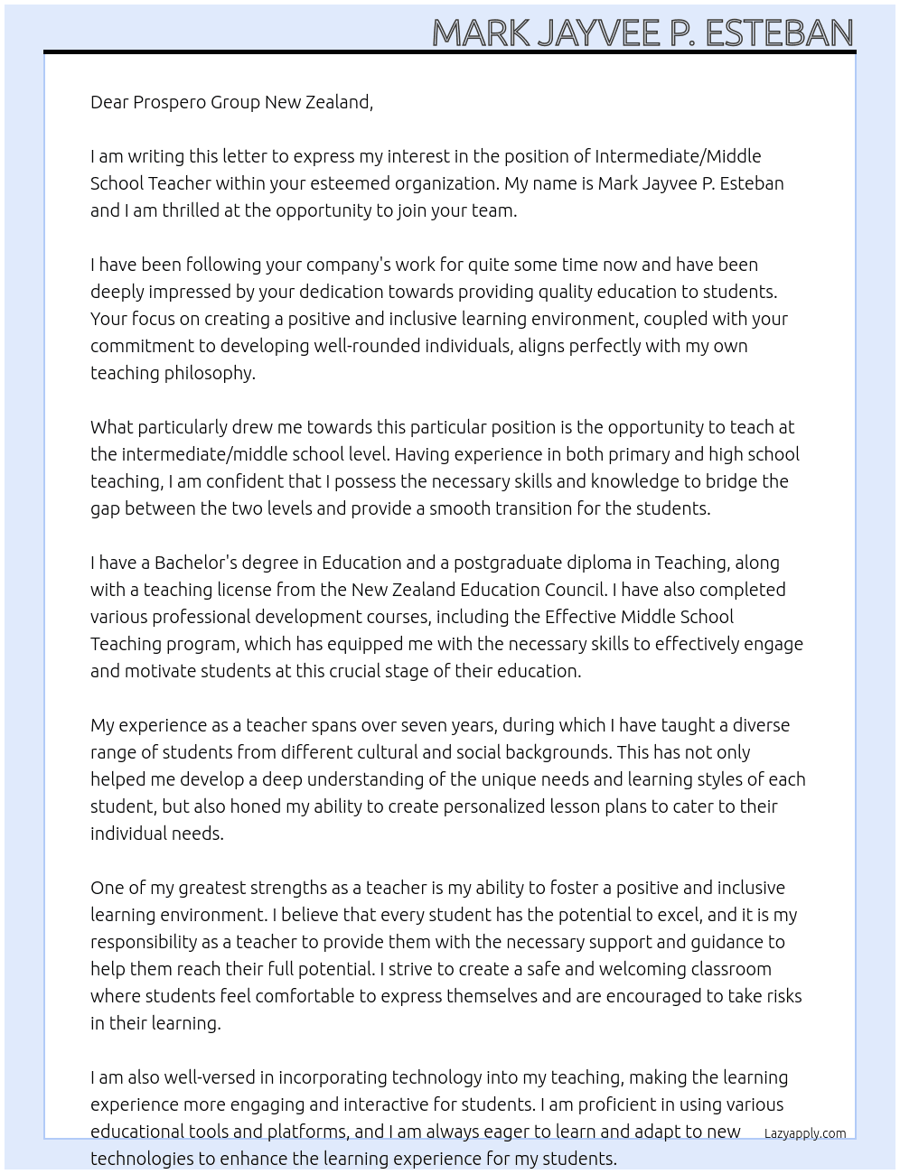Intermediate/Middle School Teacher At Prospero Group New Zealand Cover Letter