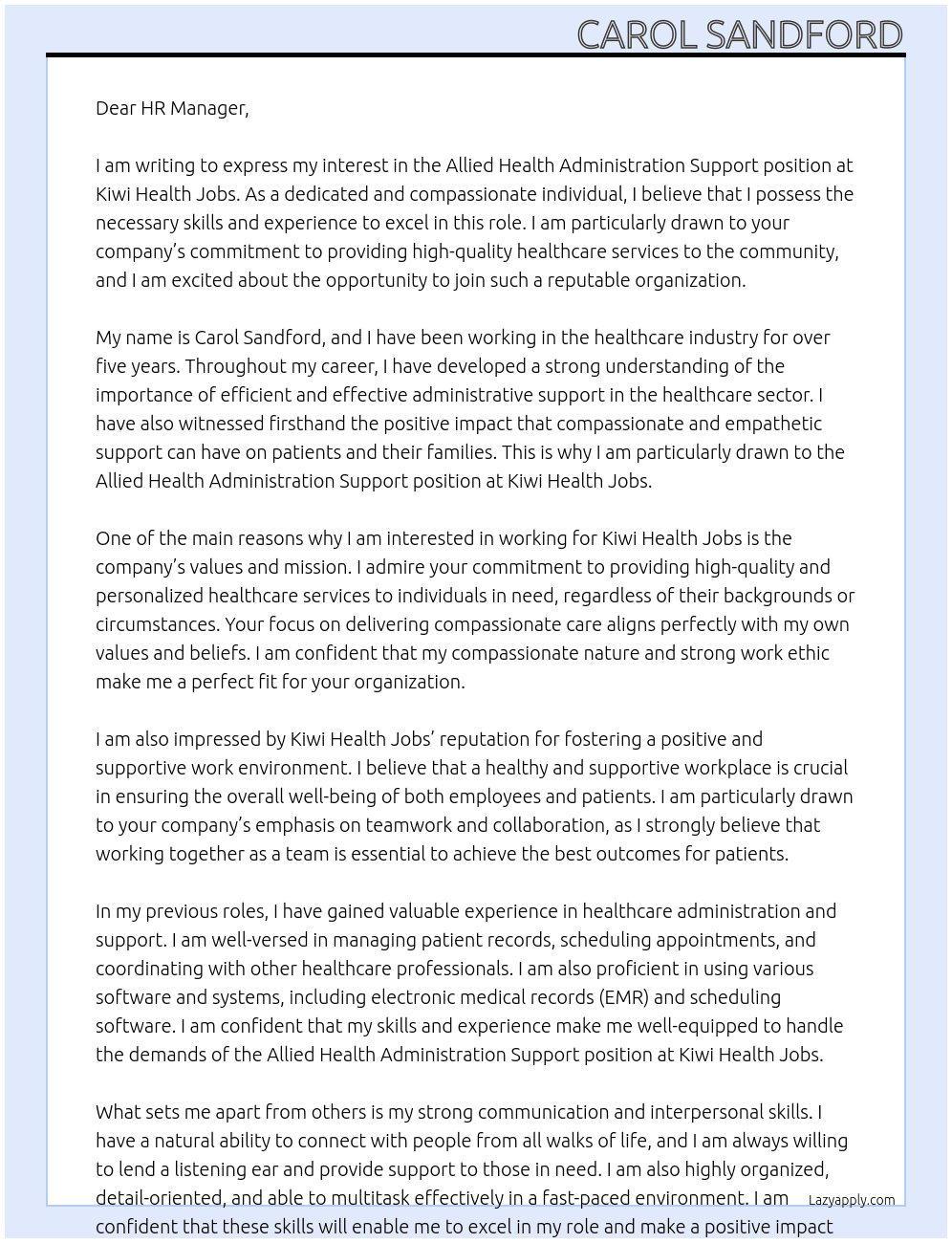 Allied Health Administration Support At Kiwi Health Jobs Cover Letter