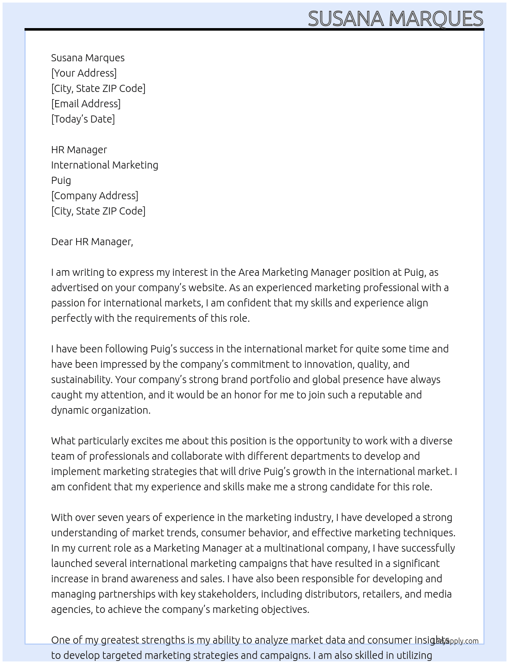 Area Marketing Manager At Puig Cover Letter