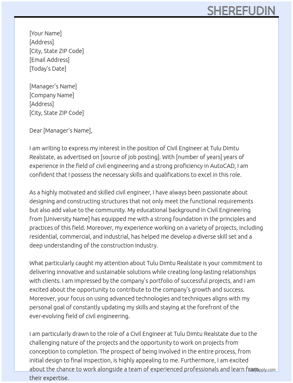 Civil engineering  At Tulu Dimtu Realstate  Cover Letter