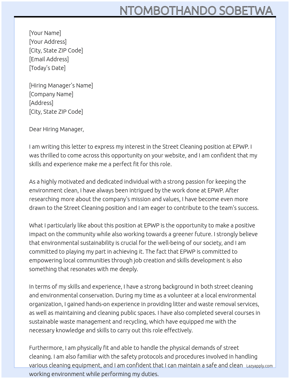 Street cleaning  At EPWP  Cover Letter