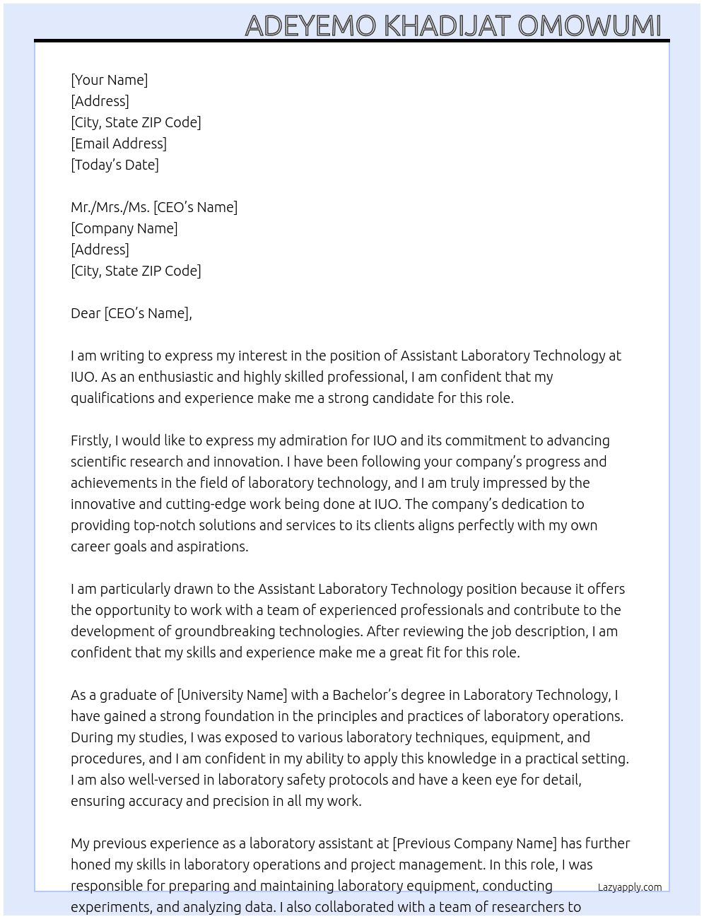 Assistant Laboratory Technology  At Iuo Cover Letter