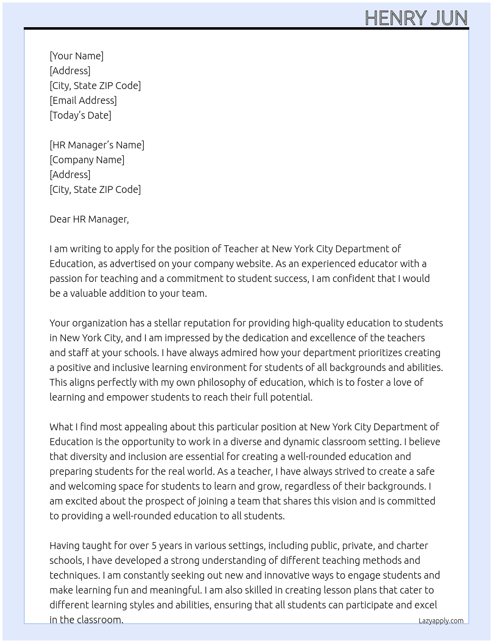 Teacher At New York City Department of Education Cover Letter