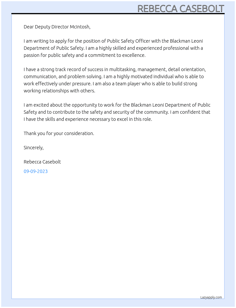 Public Safety Officer At Blackman Leoni Department of Public Safety Cover Letter