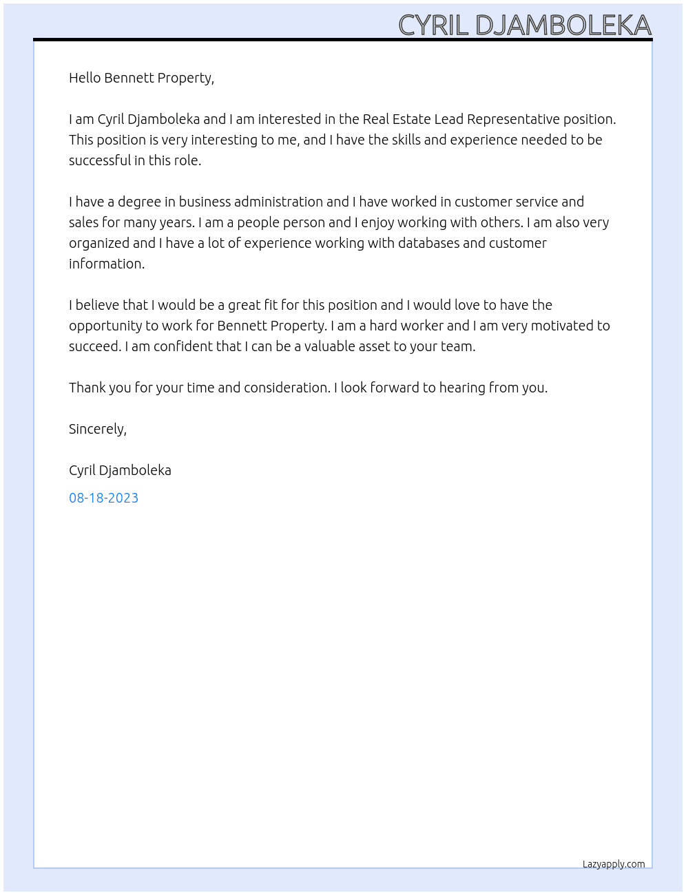 Real Estate Lead Representative At Bennett Property  Cover Letter