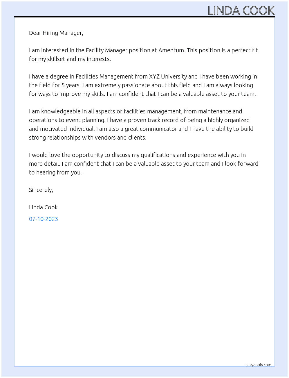 facility manager At Amentum Cover Letter