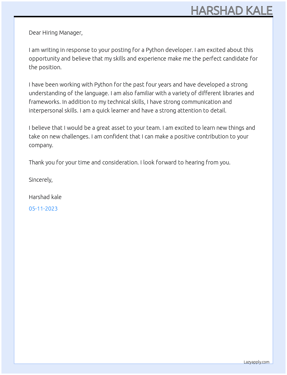 Python developer At PeopleDecode Cover Letter