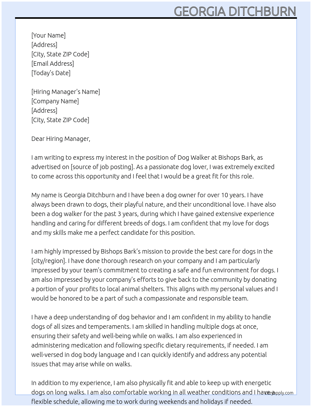 Dog walker At Bishops Bark Cover Letter