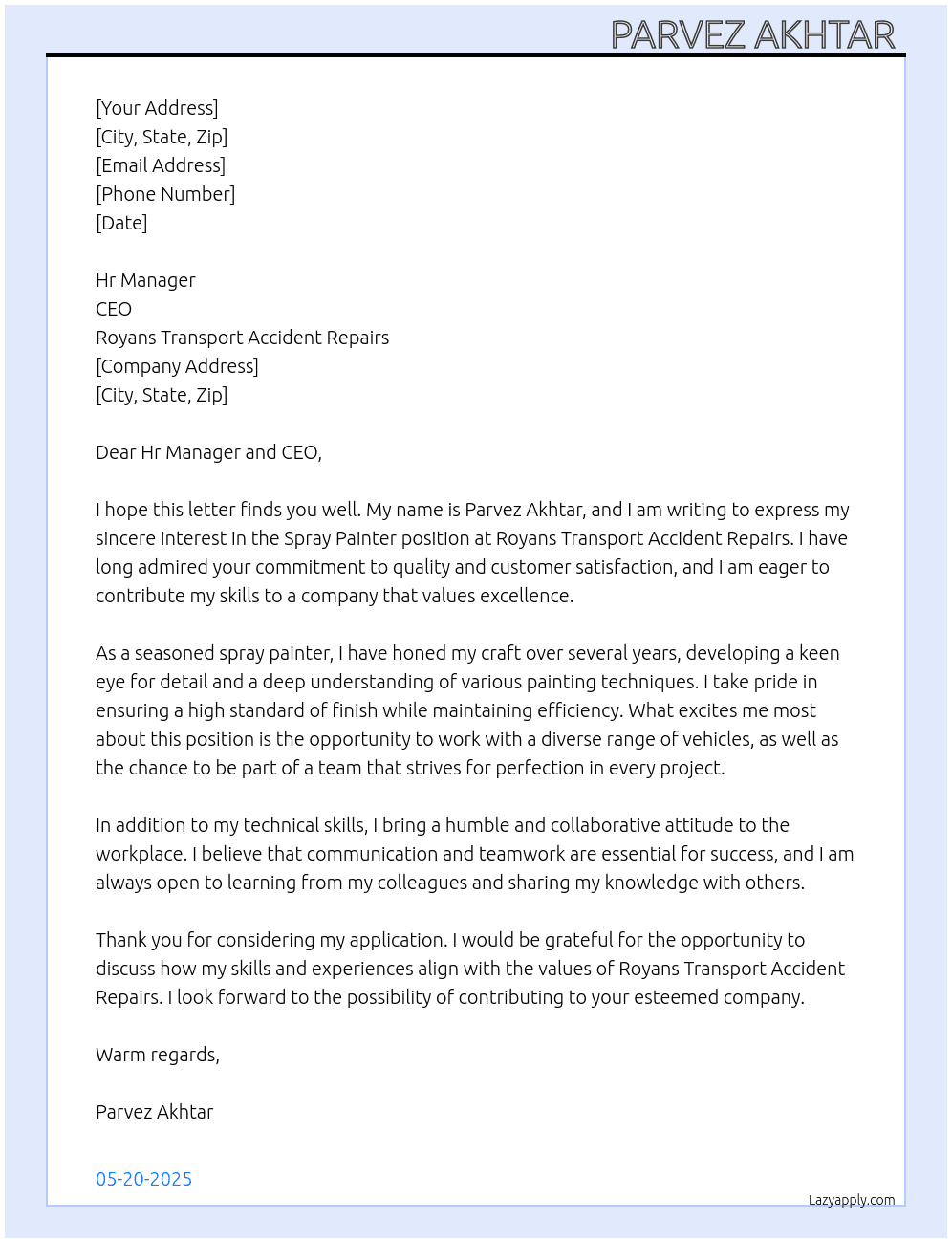 Spray painter  At Royans Transport Accident Repairs Cover Letter
