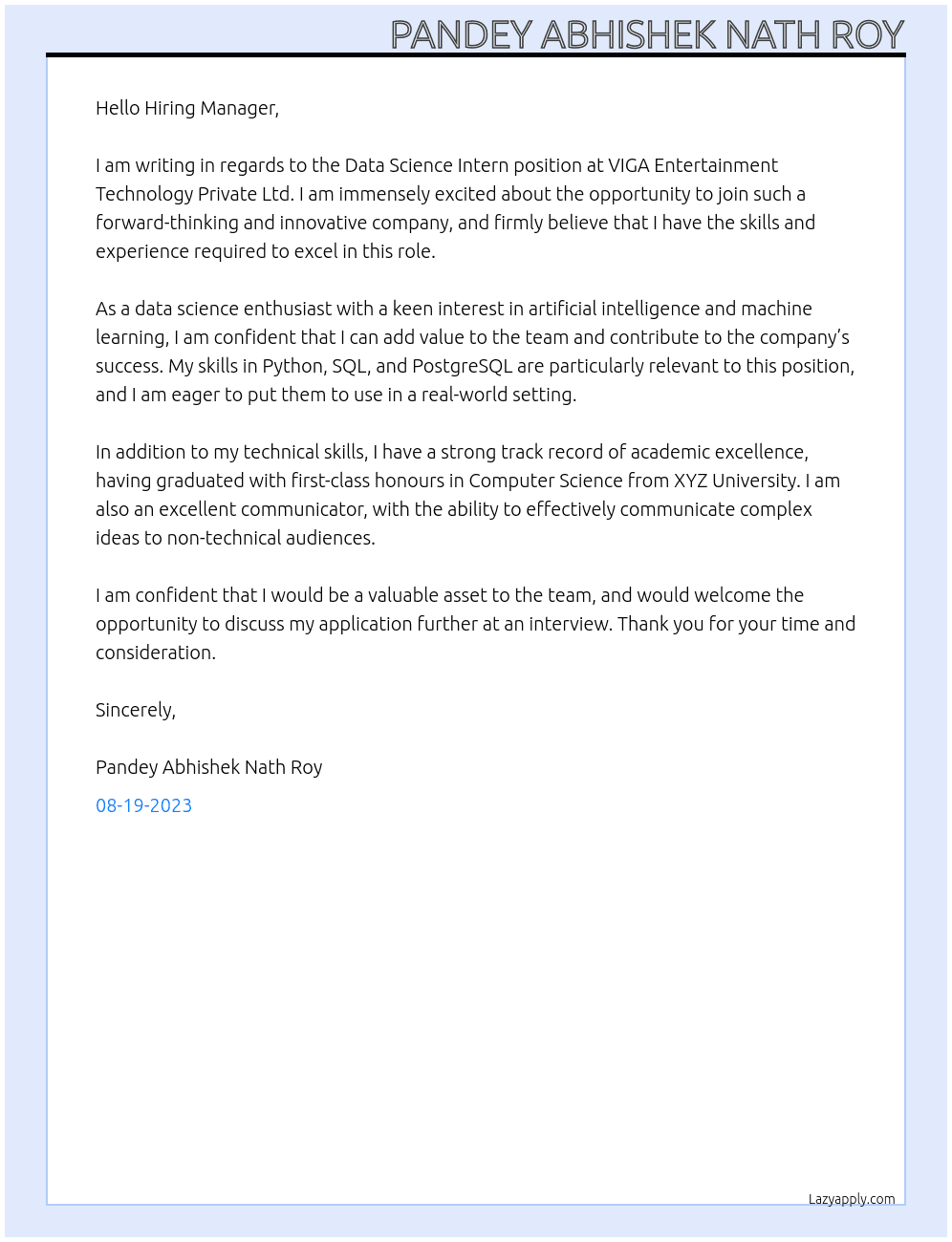 Data Science Intern At VIGA Entertainment Technology Private Ltd Cover Letter